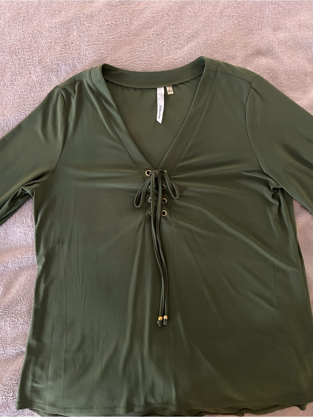 NY Collection Olive Green Lace-Up V-Neck Long Sleeve Top